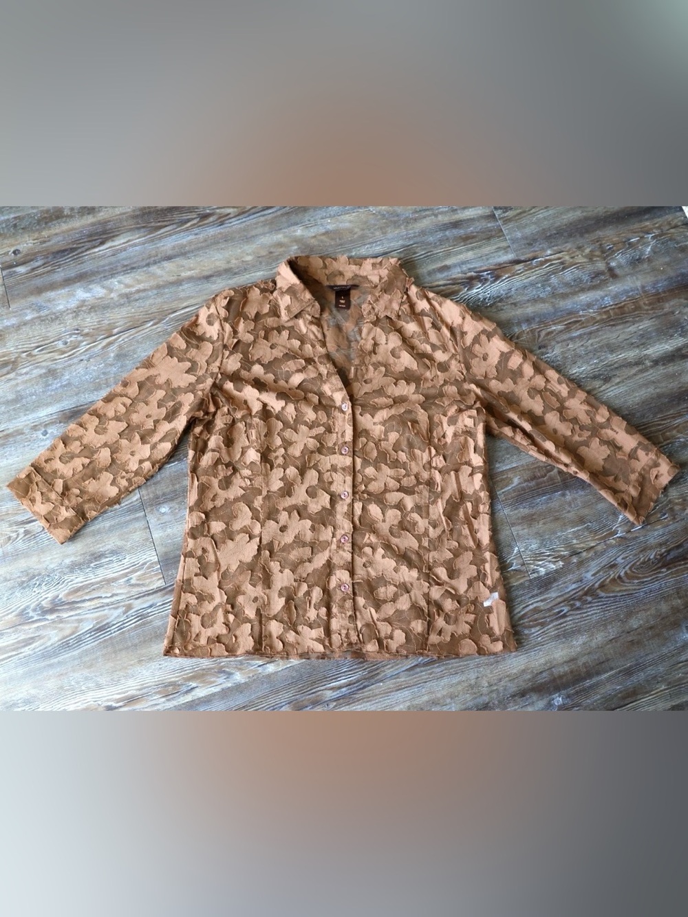 Multiples Floral Applique Sheer Mesh Button Up Blouse Soft Romantic Womens Large